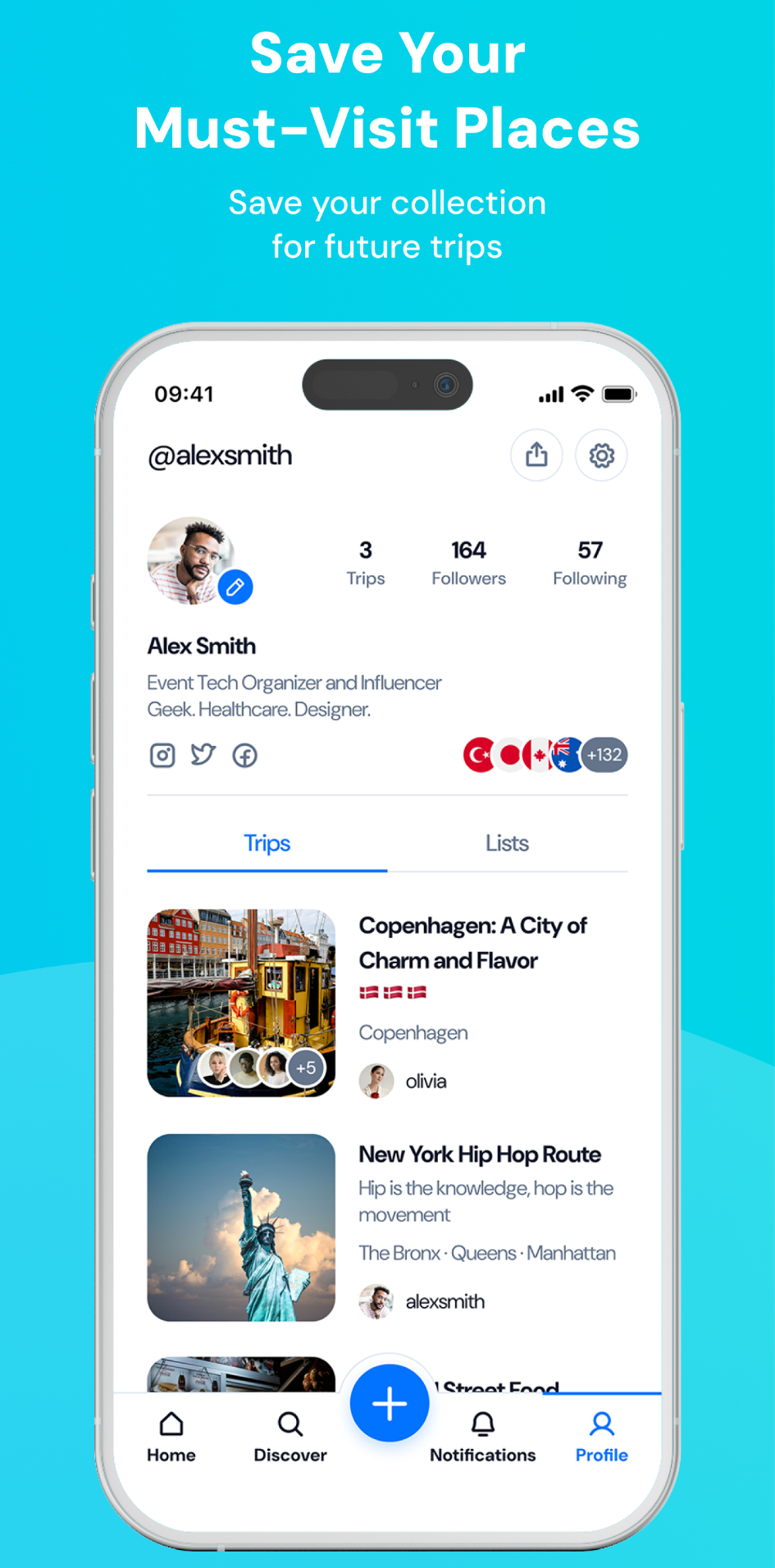 Travel planner app — user profile showing saved trips and must-visit places