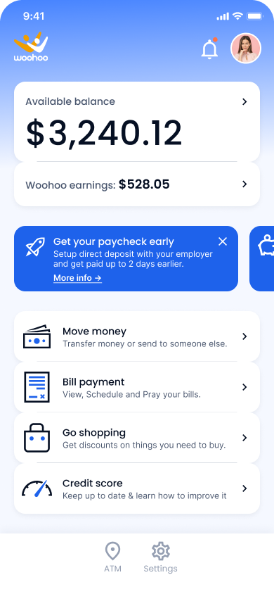 Woohoo app — account dashboard showing available balance and rewards earnings