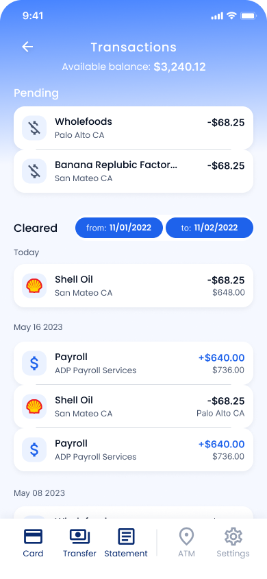 Woohoo app — transactions list