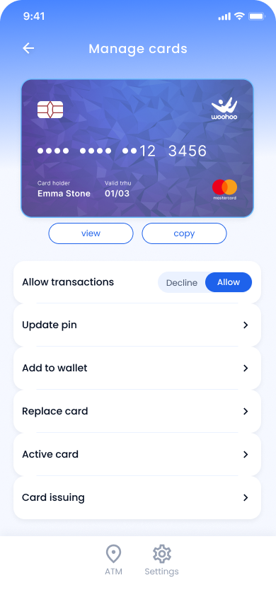 Woohoo app — manage cards screen