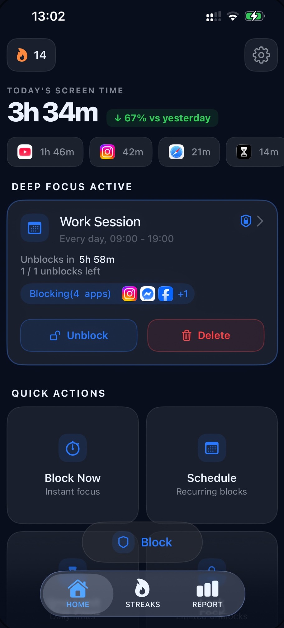 Unplugged app — home screen with today's screen time and an active focus session