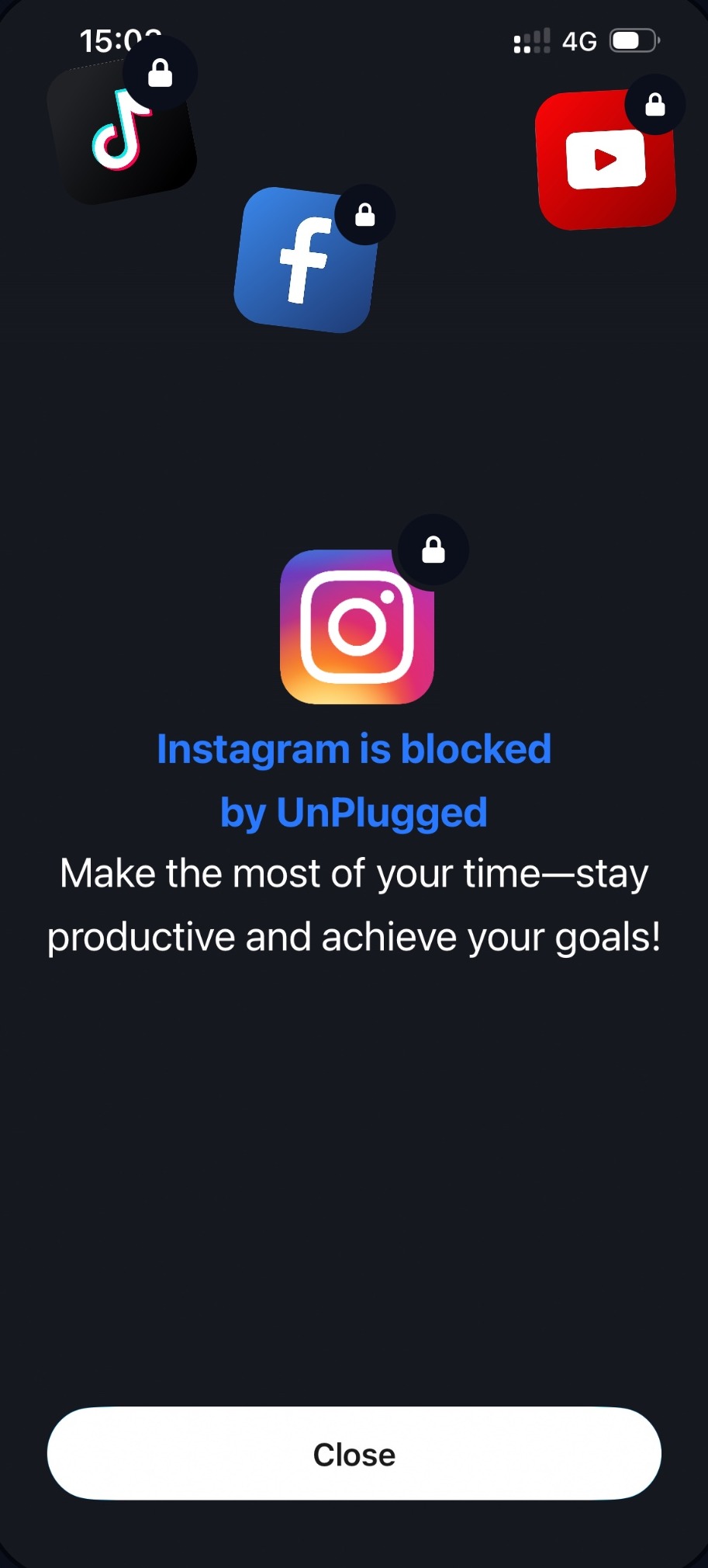 Instagram blocked by Unplugged during a focus session