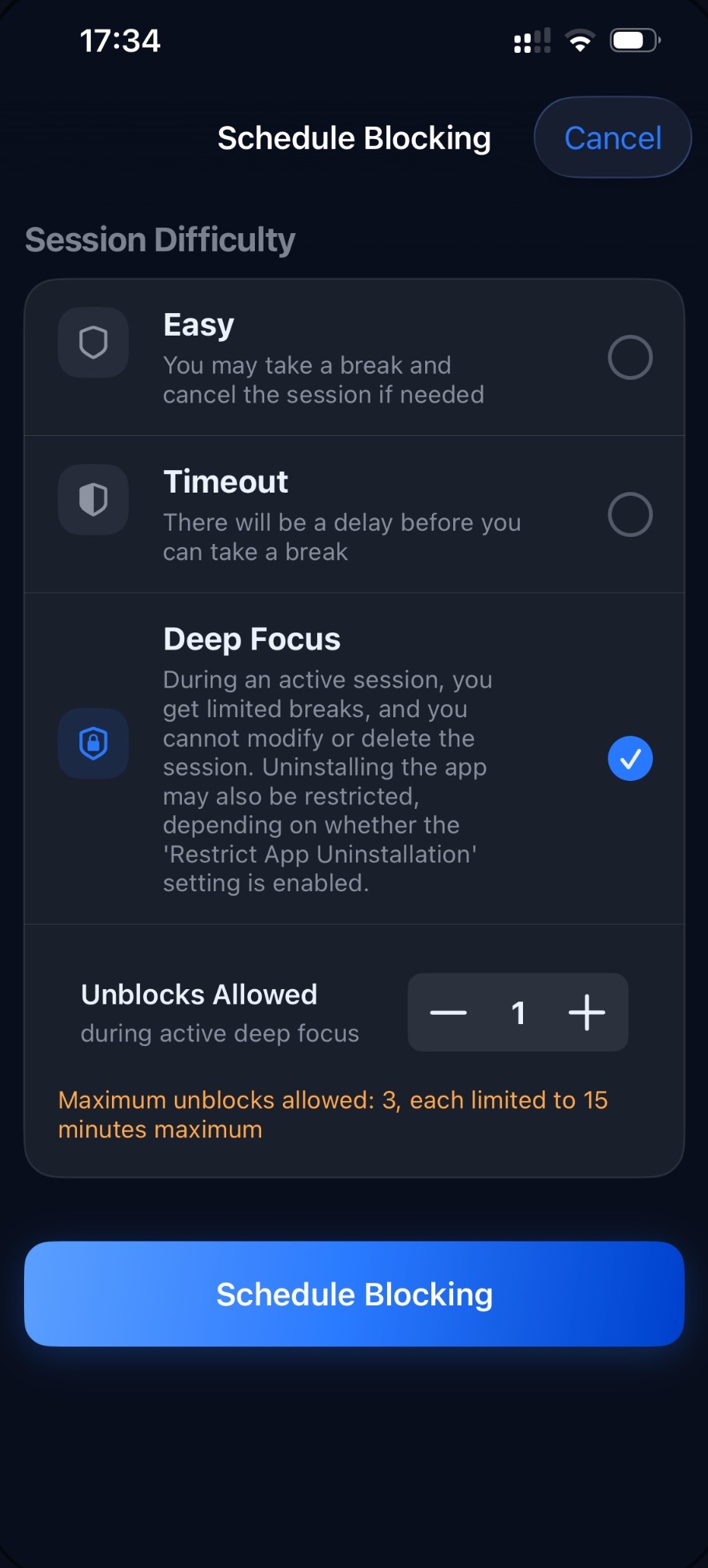 Session difficulty options: Easy, Timeout and Deep Focus with limited unblocks