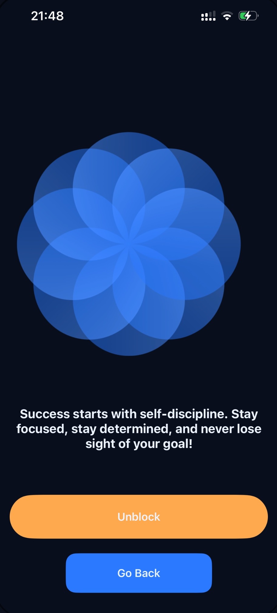 A calming pause screen asking you to stop, breathe and think before you unblock
