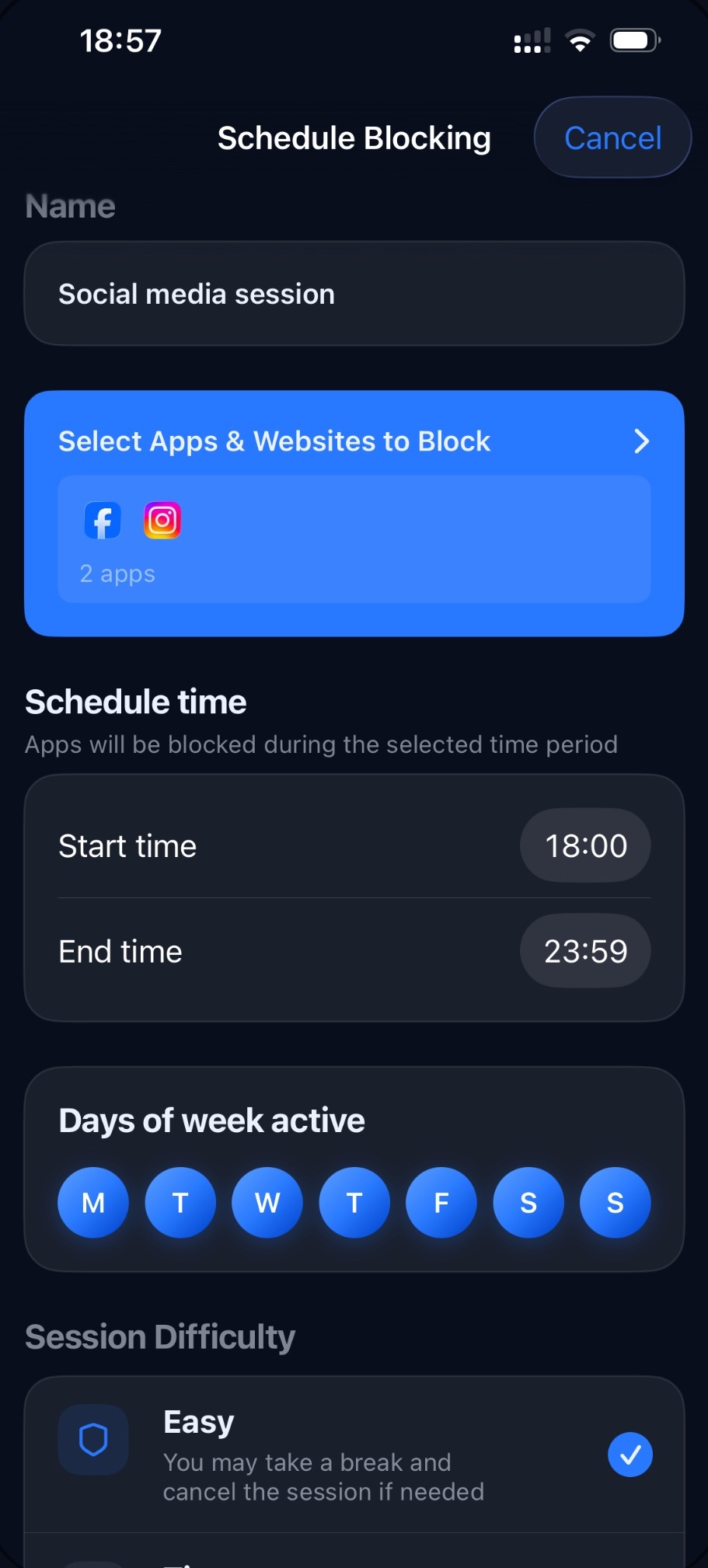 Schedule blocking with a name, selected apps, start and end time and days of the week